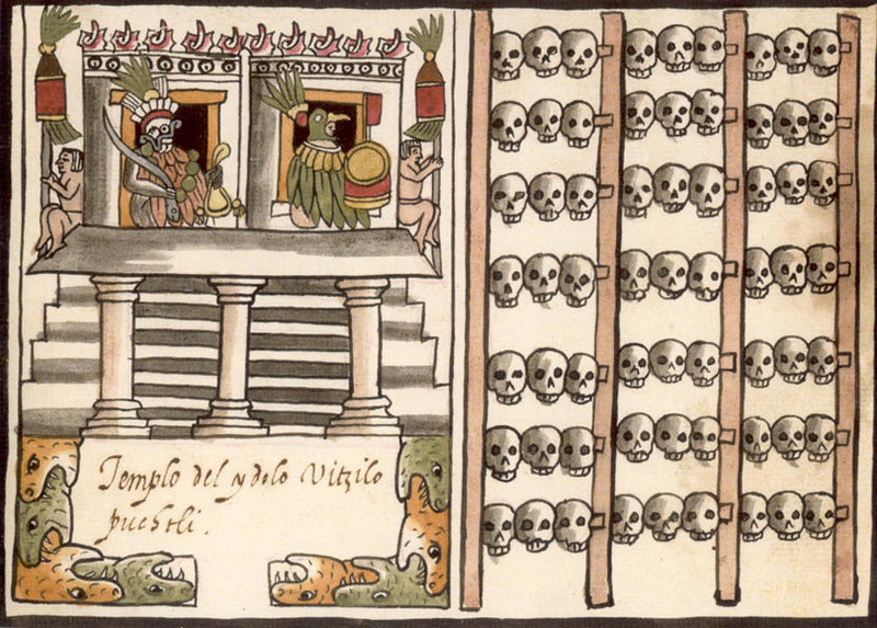 Ilustración de un tzompantli en el códice escrito por el soldado Andrés de Tapia, más conocido como el códice Ramirez. Foto: Wikipedia.